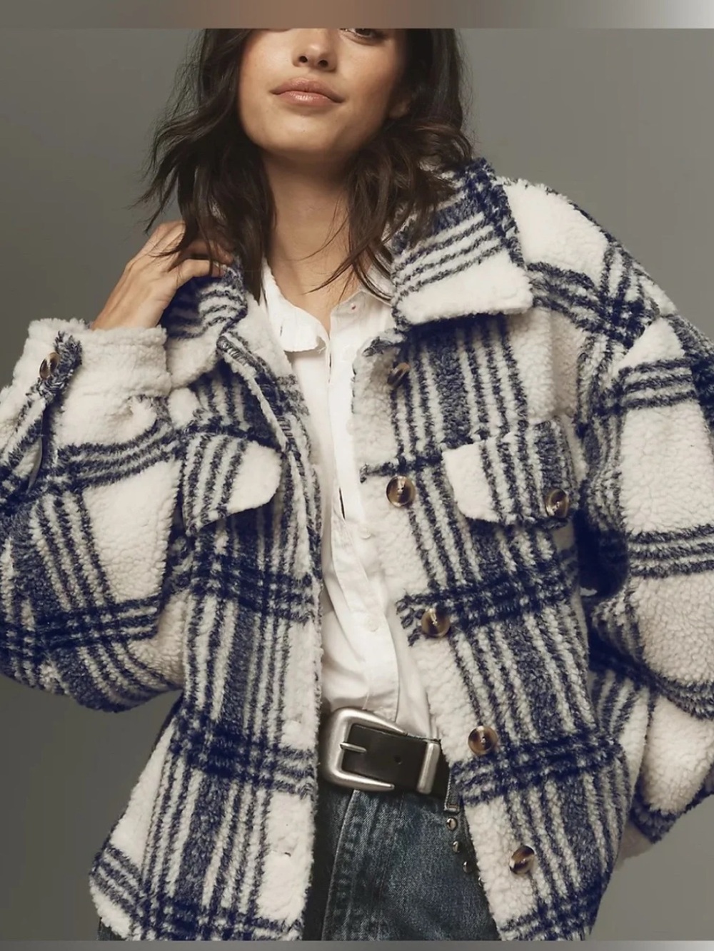 Pilcro Anthropologie Off White & Navy Blue Plaid Cropped Sherpa Jacket XS